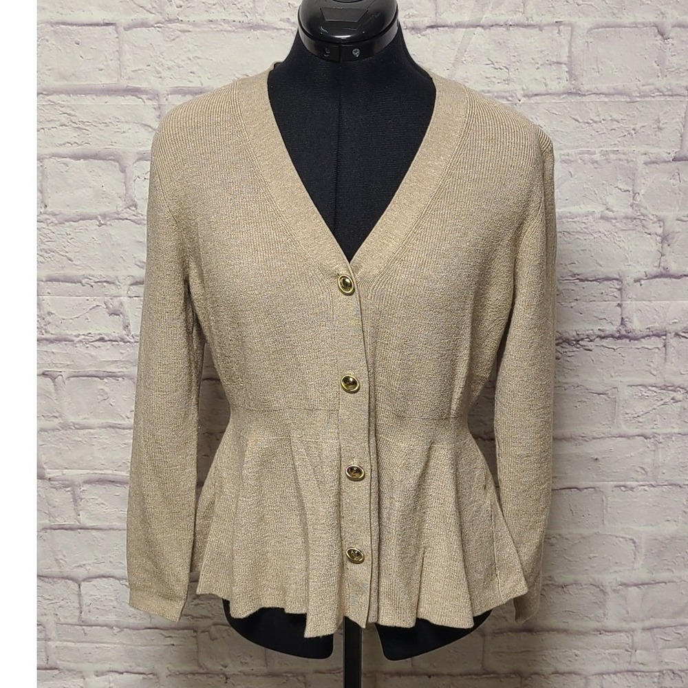 Vila Milano Women's Peplum Cardigan Sweater Oatmeal Tan Gold Buttons M NEW